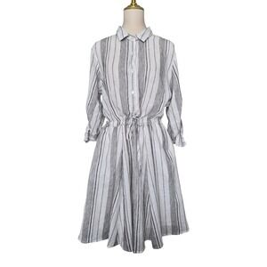 DKNY‎ Linen Cotton Stripe Shirt Dress Drawstring Waist Semi Sheer Size L NWT